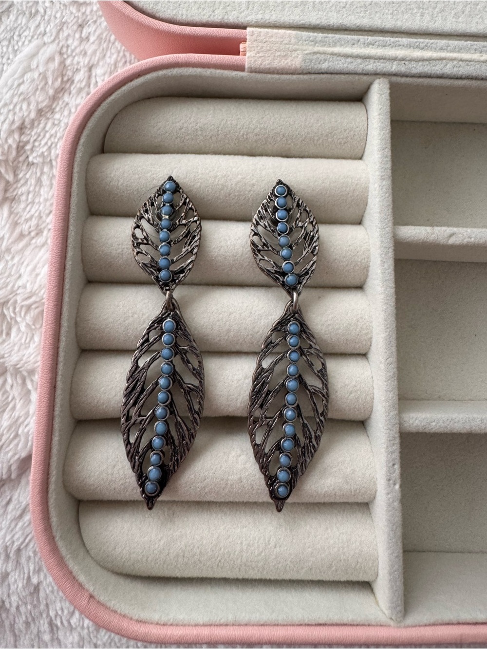 Blue Stone Double Leaf Drop Earrings